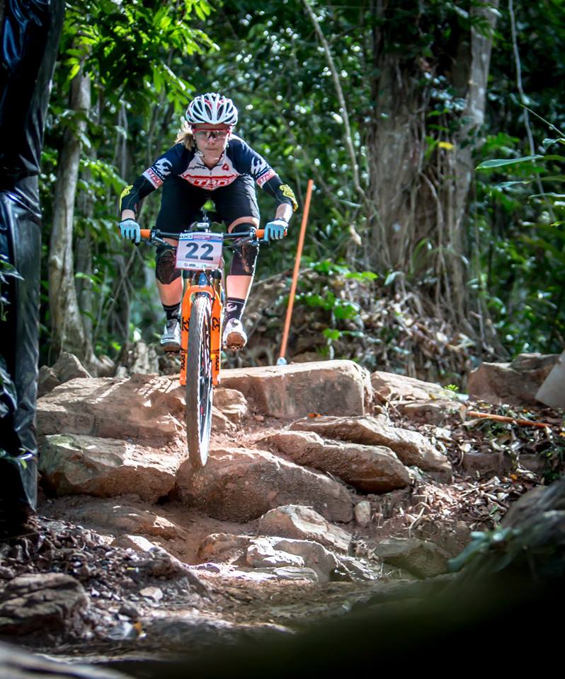 Chloe Woodruff descends at the Cross-Country World Cup race in Cairns, Australia.