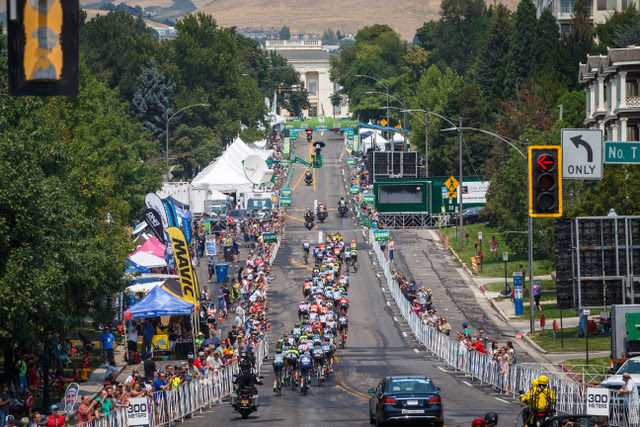 SALT LAKE CITY, UT - AUGUST 10: The peloton rides up the finishing hill for another lap during stage 4 of the 14th Larry H. Miller Tour of Utah on August 10, 2018 in Salt Lake City, Utah. (Photo by Jonathan Devich/epicimages.us)