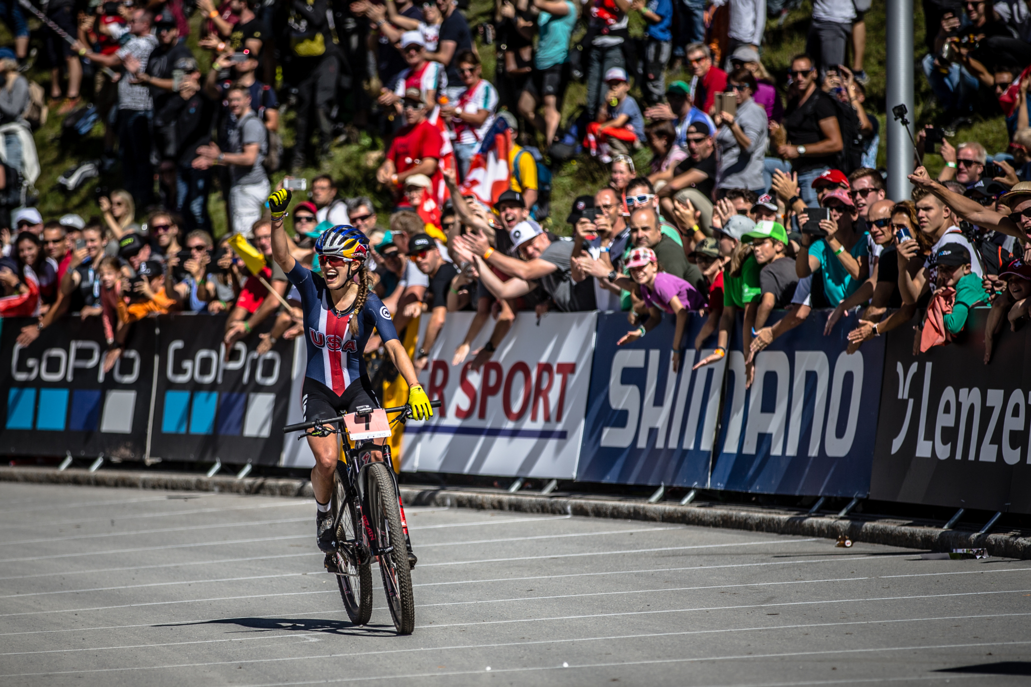 Kate Courtney (USA) wins the Women Elite Cross Country event at the 2018 UCI MTB World Championships - Lenzerheide, Switzerland