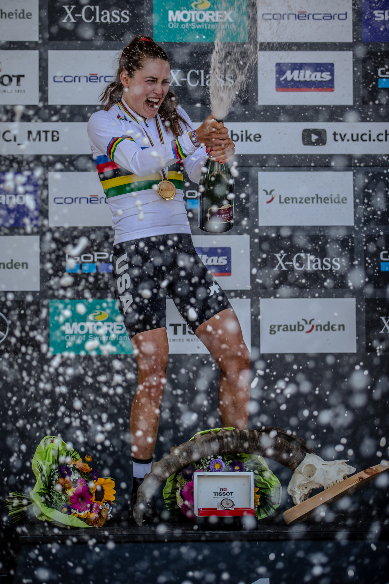 Kate Courtney (USA) celebrates her win of the Women Elite Cross Country event at the 2018 UCI MTB World Championships - Lenzerheide, Switzerland